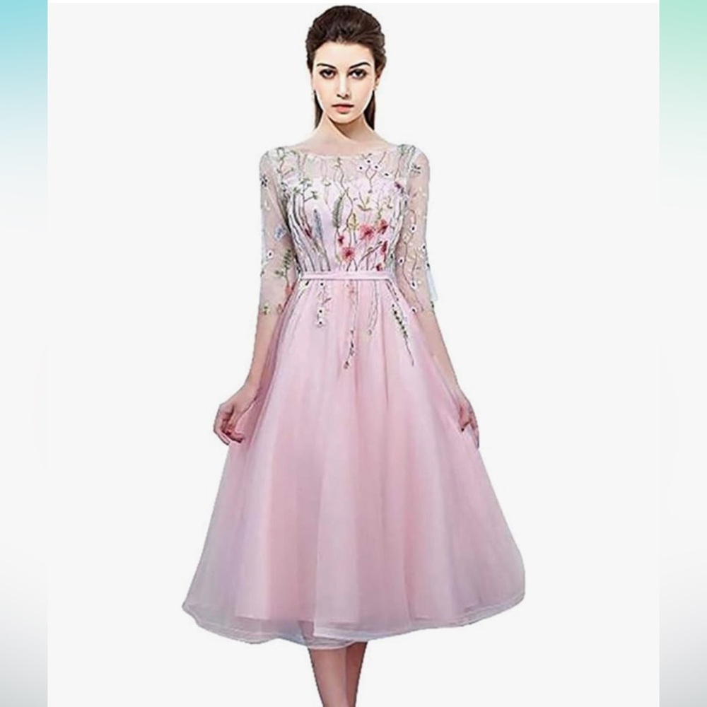 Women's Embroidered Pink Tulle Midi Dress, Size 16